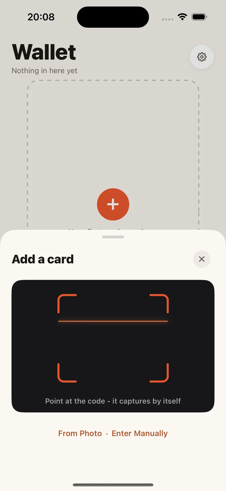 Scanline scanning a barcode from the Add a card sheet
